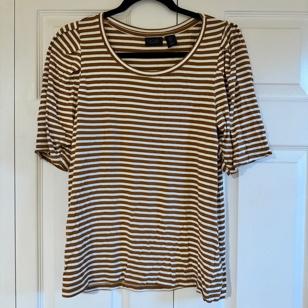 RACHEL Rachel Roy White and Brown Fitted Ribbed Short Sleeve Tee